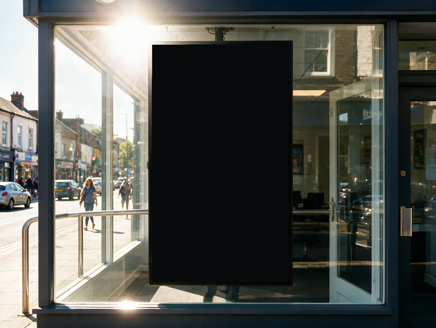 South-facing shop window in direct midday sun with one 55-inch portrait digital display behind the glass