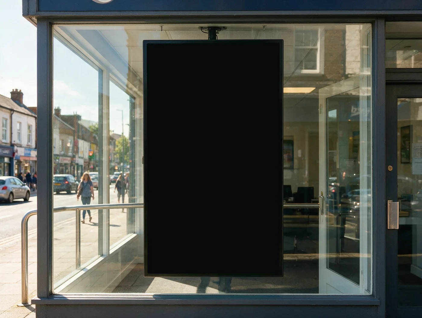 Shop window on a bright UK high street with one 55-inch portrait digital display behind the glass